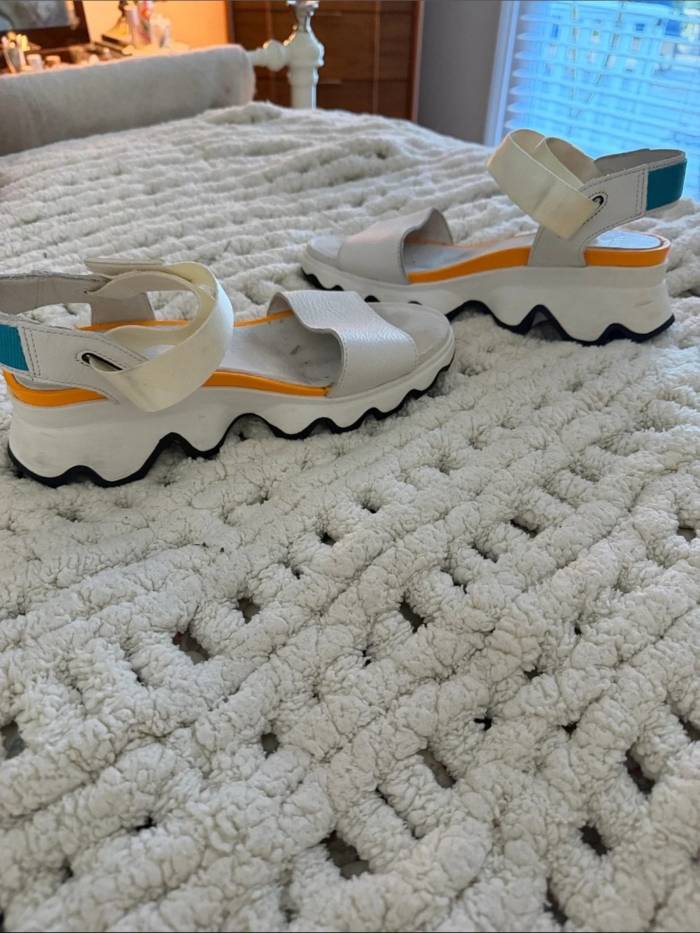Sorel White Sandal with Orange and Teal Accents